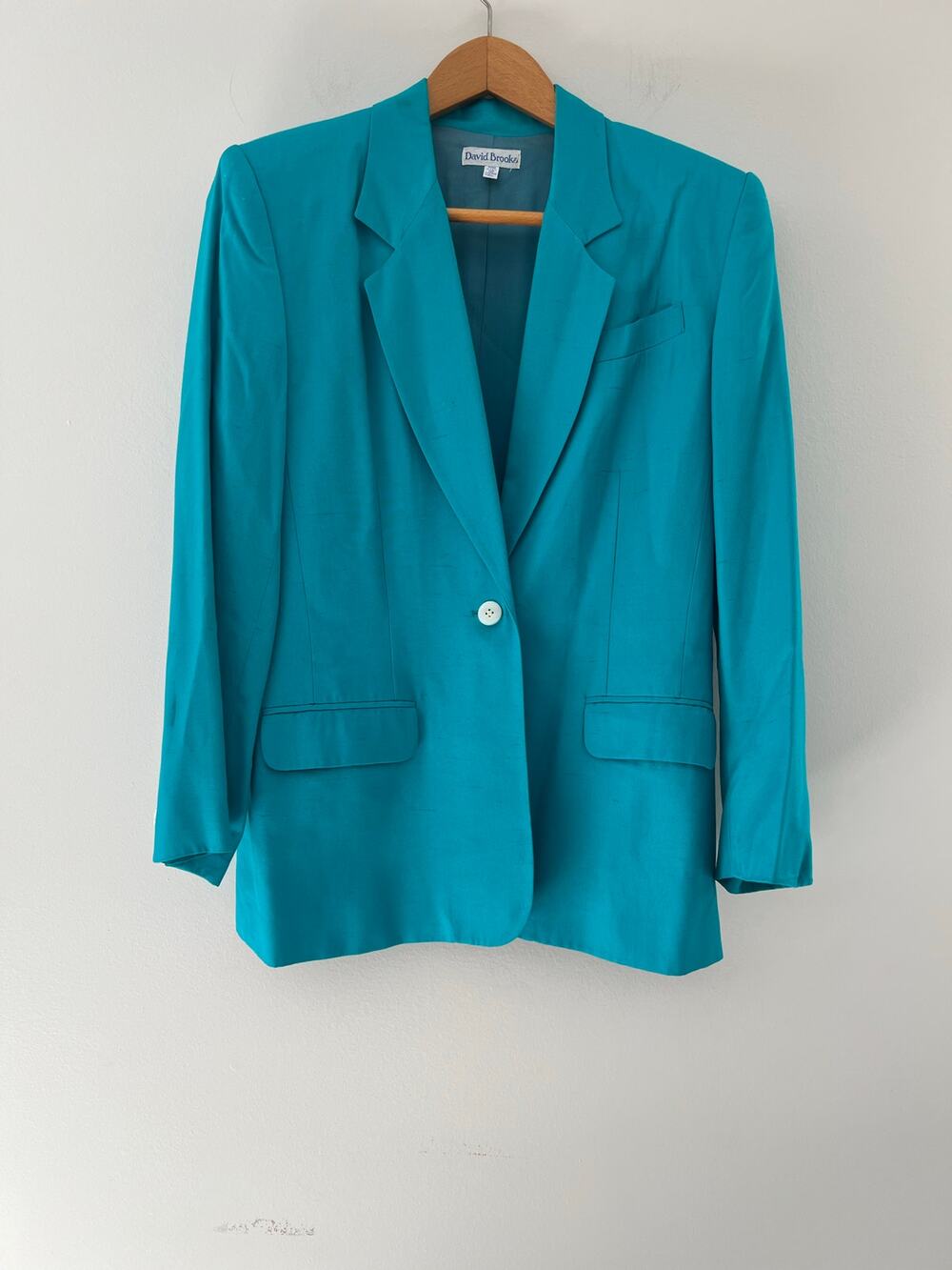 Vintage 1980s David Brooke Teal Rayon & Silk One Button Blazer Size 12 JL